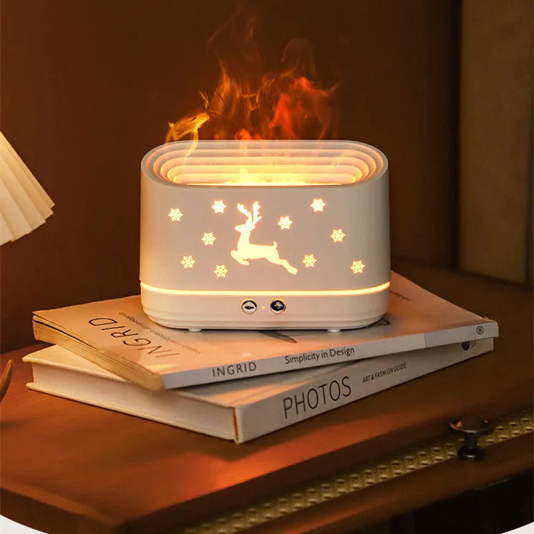 White round elk flame humidifier diffuser with USB cable, showing flame effect from mist and light on a desk