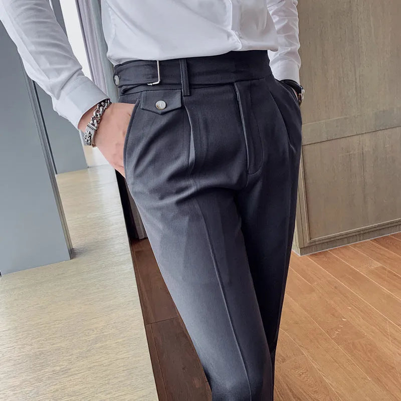 Straight-leg casual trousers in polyester fabric shown in a solid colour on a model.