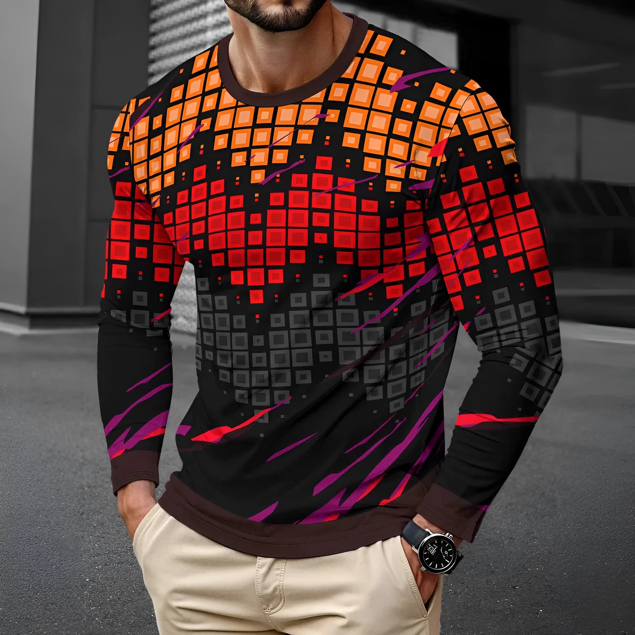 Men's long sleeve milk silk pullover top in round neck casual style showing colour options