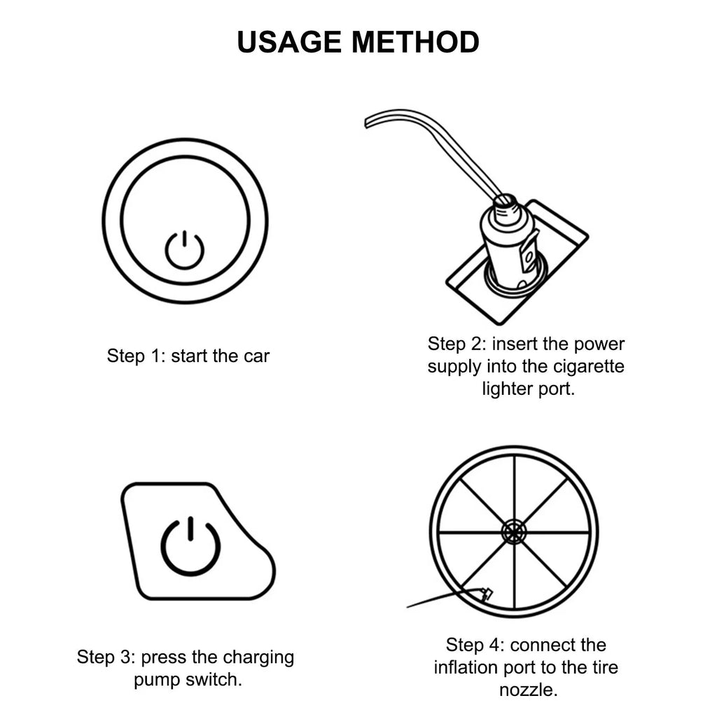 High power metal double cylinder 12V car air pump with battery clips and nozzle kit on black background