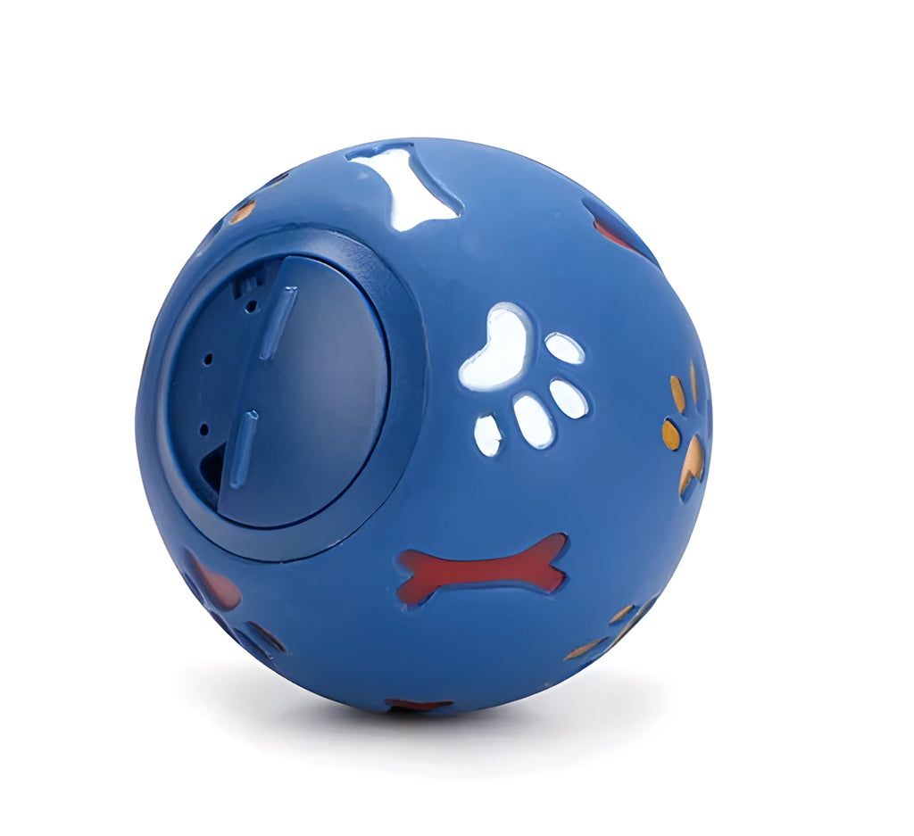 Pet puzzle ball for dogs with skeleton and footprint patterns, blue or red, 7.5cm and 11cm sizes