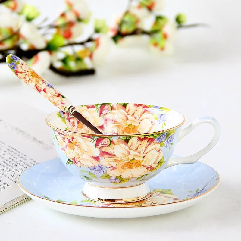 European porcelain coffee cup and saucer set with pastoral style pattern in assorted colours