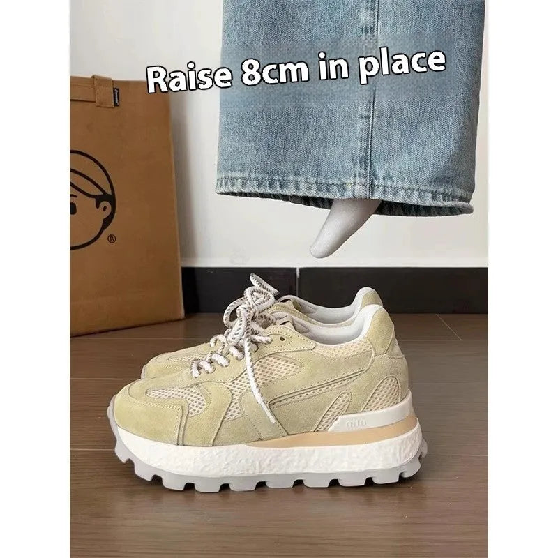 Women's platform sneakers with height-increasing insole, synthetic leather upper, rubber sole, mid heel 3-5cm, blue apricot yellow