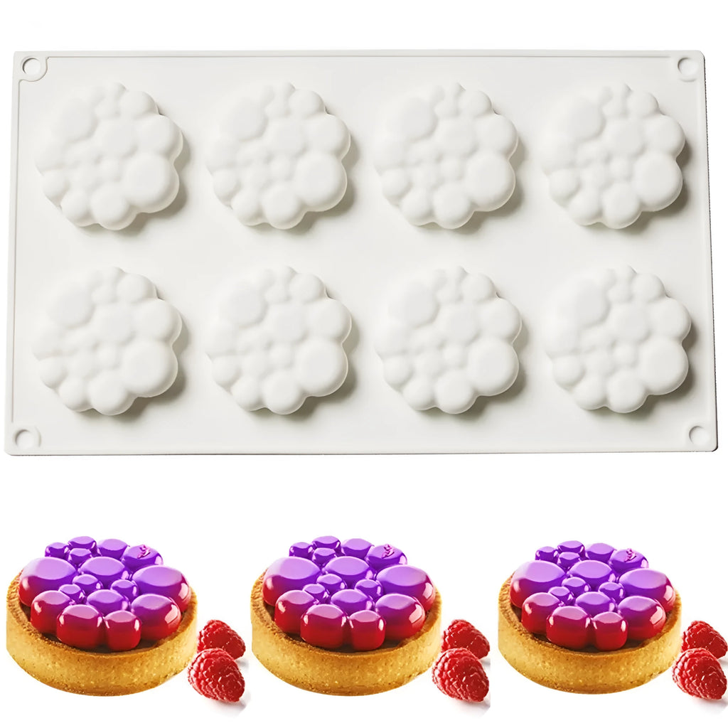 Round silicone cake mould with 8-bubble tower pattern design for baking and dessert preparation