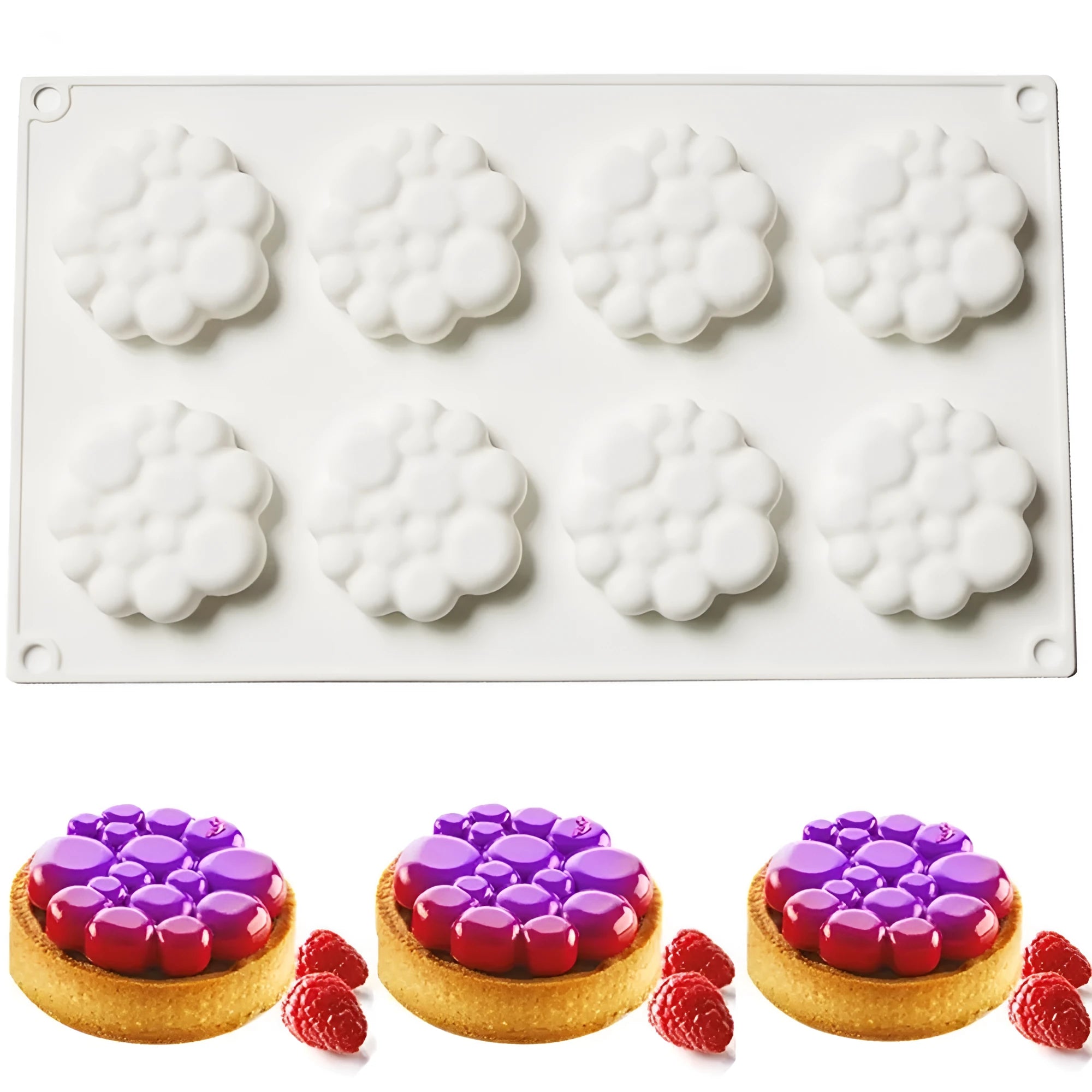 Round silicone cake mould with 8-bubble tower pattern design for baking and dessert preparation