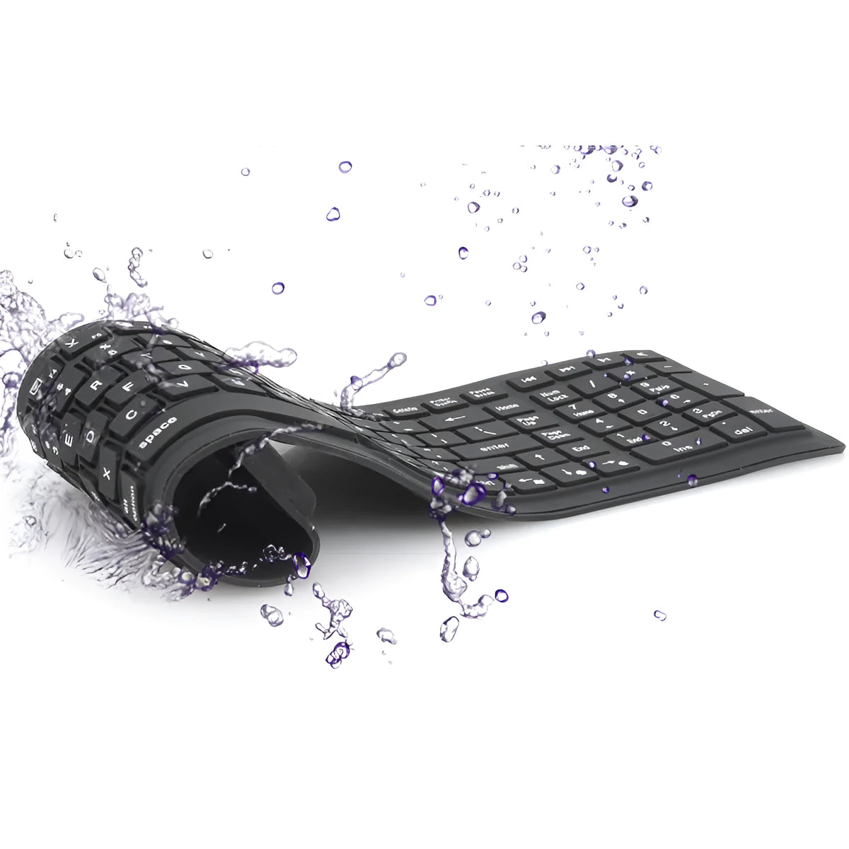 Black foldable silicone Bluetooth keyboard with 108 keys, 360 x 105 x 8 mm, IP67 waterproof, USB charging.