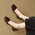 Women's chunky heel square toe pumps in light brown with buckle detail and rubber sole