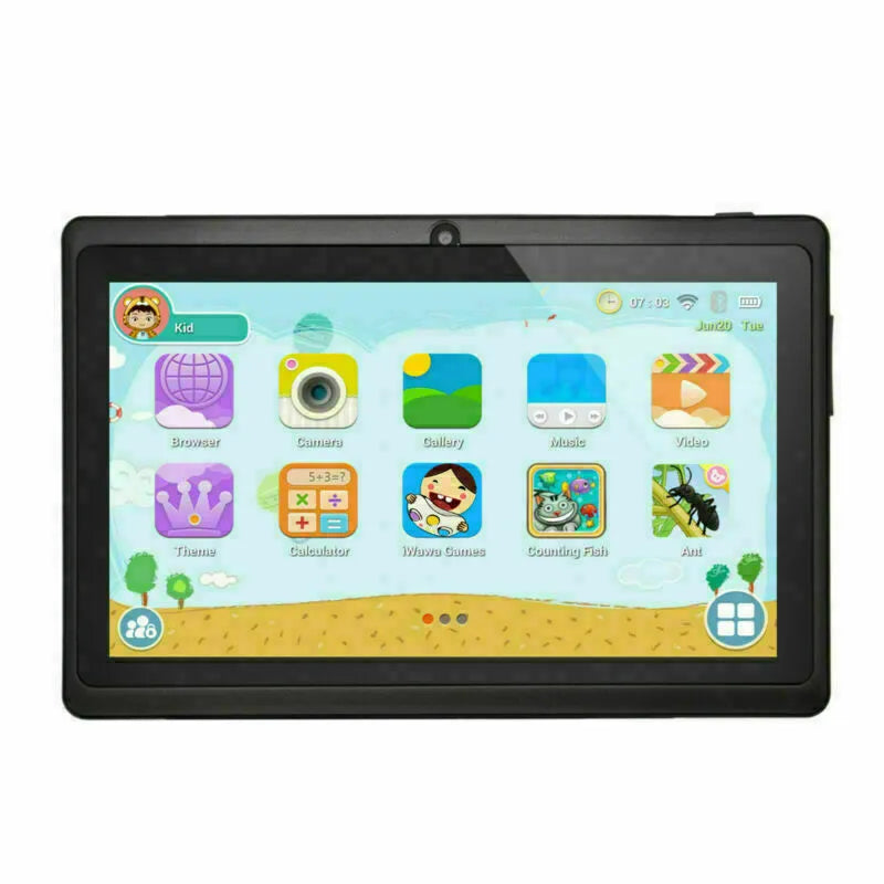 Children's 7-inch Android smart tablet with dual camera, quad core processor and WiFi, shown in Blue, Pink, Purple or Red.