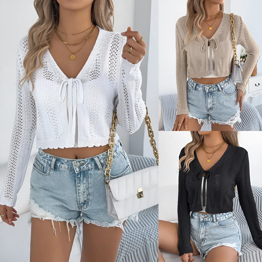 Khaki women's short lace-up casual coat with hollow-out detail and long sleeves.