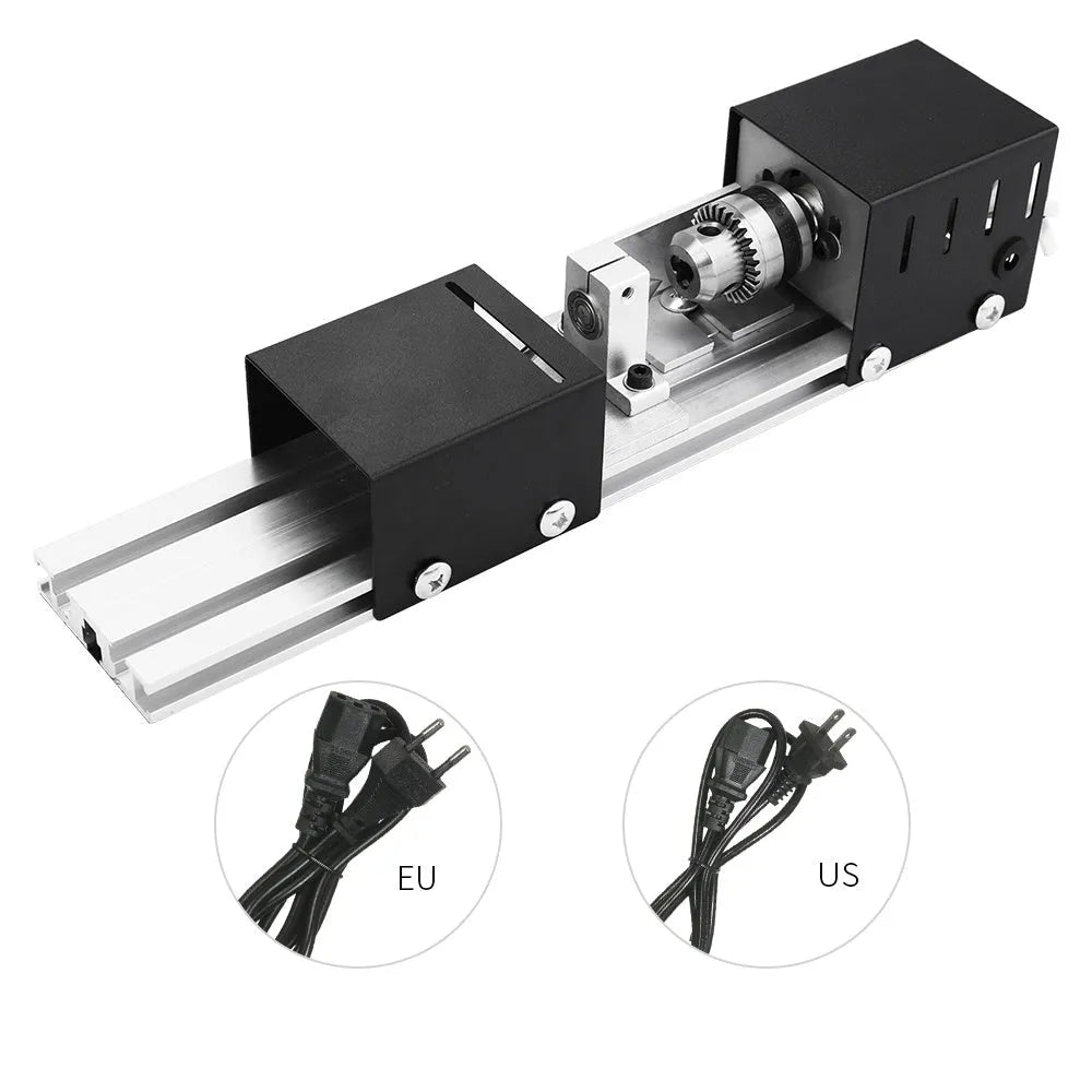 Silver metal mini woodworking lathe with carving knives and tools on workbench