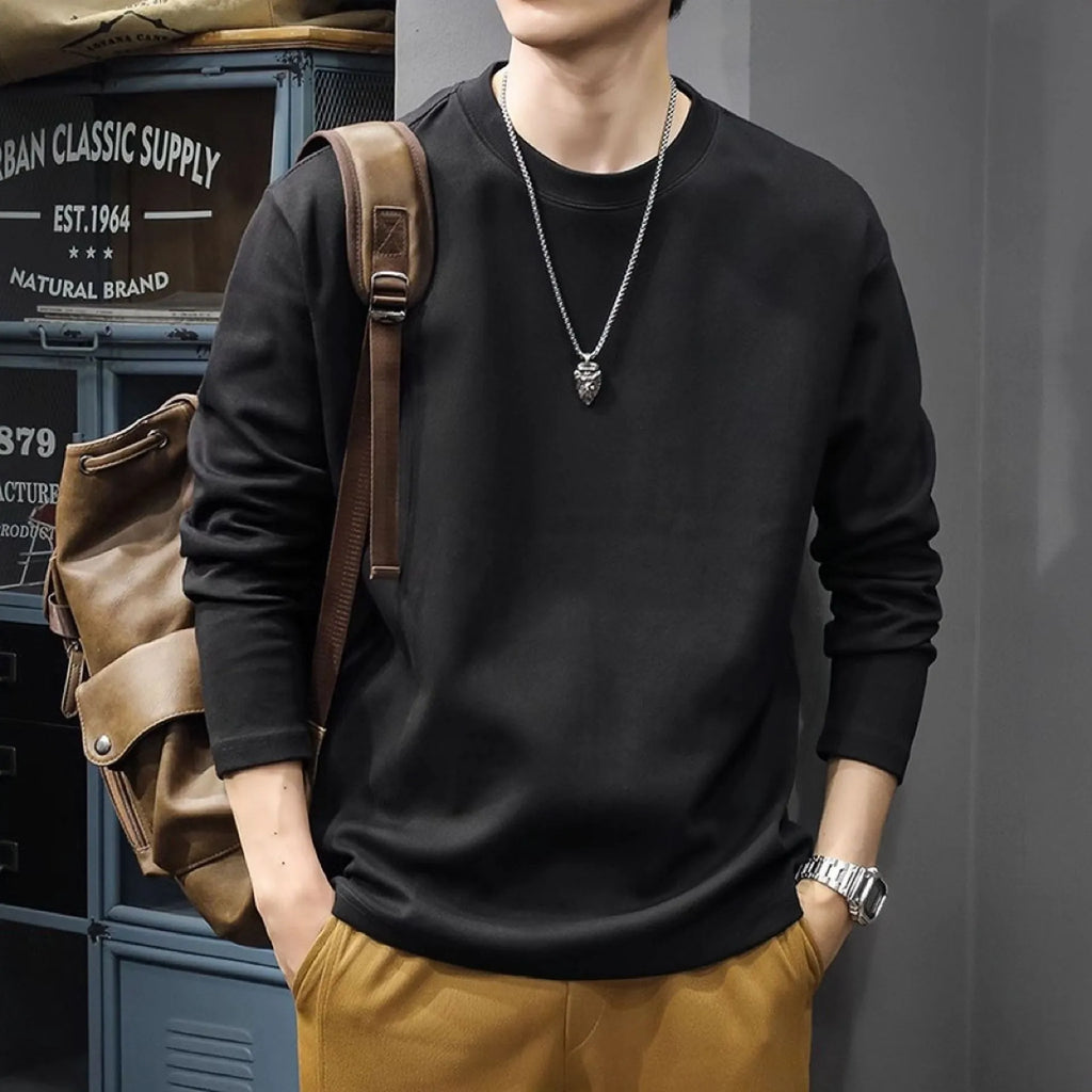 Men's round neck thickened pure cotton solid colour long sleeve bottoming shirt loose fit daily undershirt