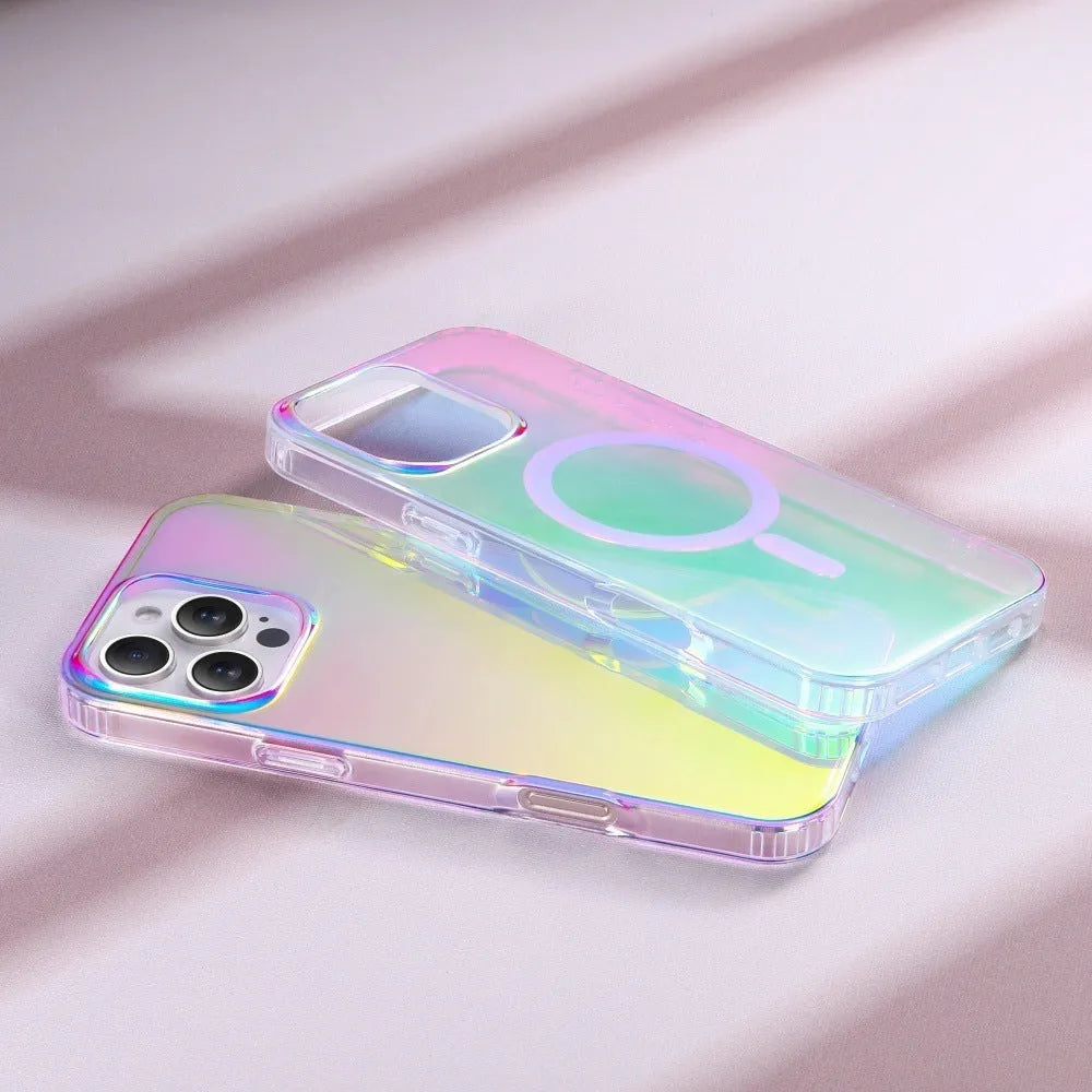 Glossy transparent magnetic case for iPhone on a table, showing chameleon colour-shift effect.