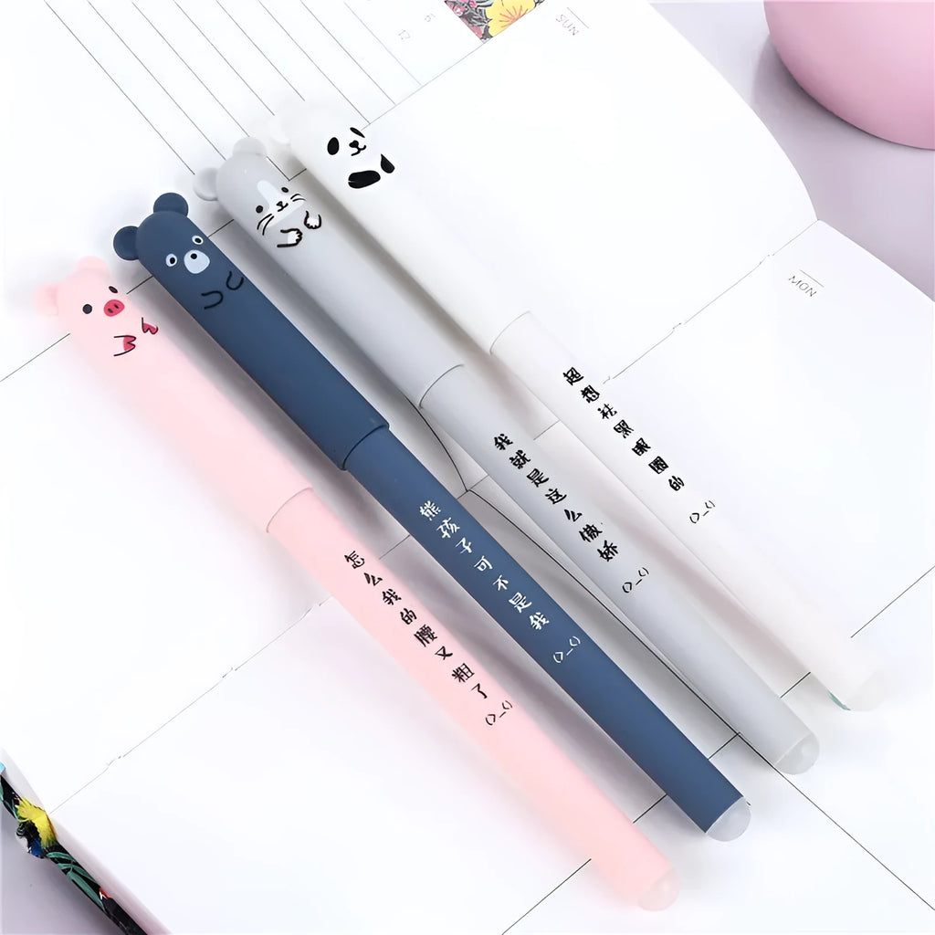 Hot erasable pen with 0.5mm tip in black, blue, and red colours showing refill and nib replacement components