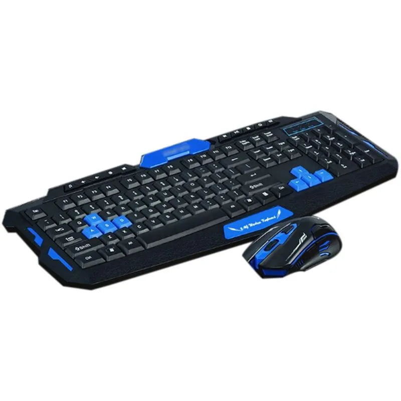 Black and blue wireless keyboard and mouse set with gaming features and waterproof construction