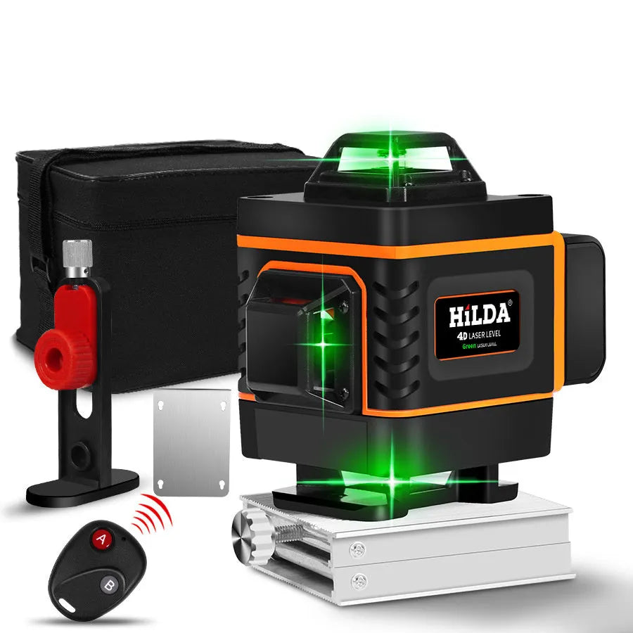 Rotating laser level with orange level meter displaying 16 alignment lines