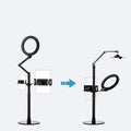 Black mobile phone tablet stand with fill light for live broadcast shooting showing folding rotation design
