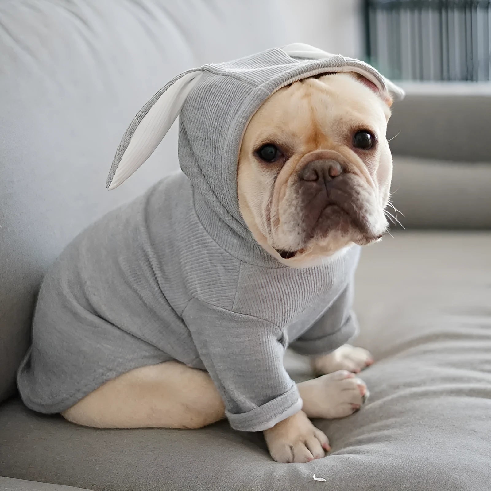 Light grey soft fabric dog sweater for spring and autumn, pullover style on a small dog