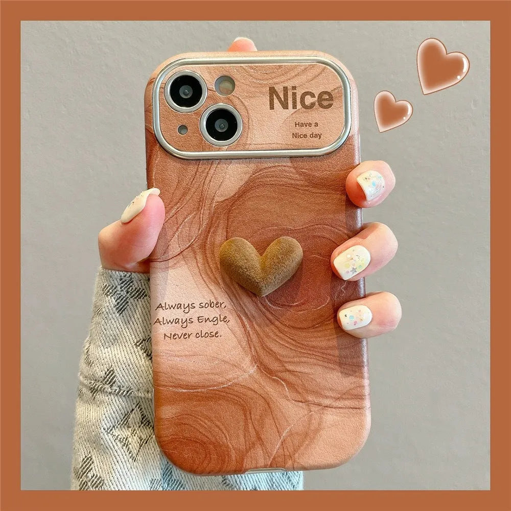 Large window lambskin silicone phone case in coffee colour with three-dimensional relief pattern compatible with iPhone
