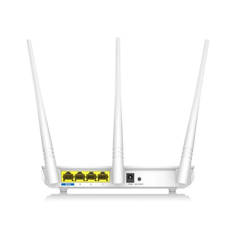 White rectangular dual-band wireless router with status lights, shown on a wooden surface.