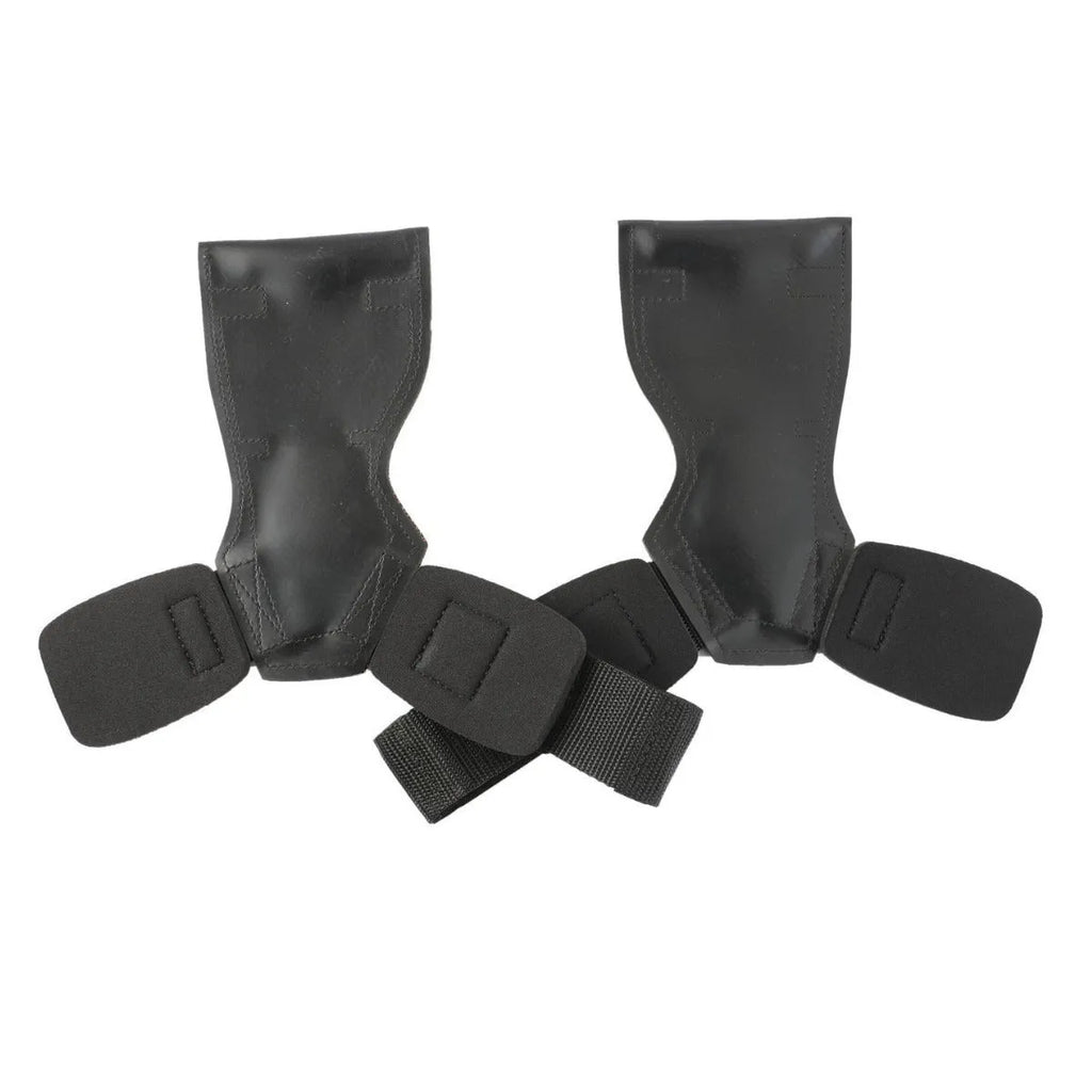 Black rubber weightlifting palm protector belt for non-slip grip during barbell and rock climbing.