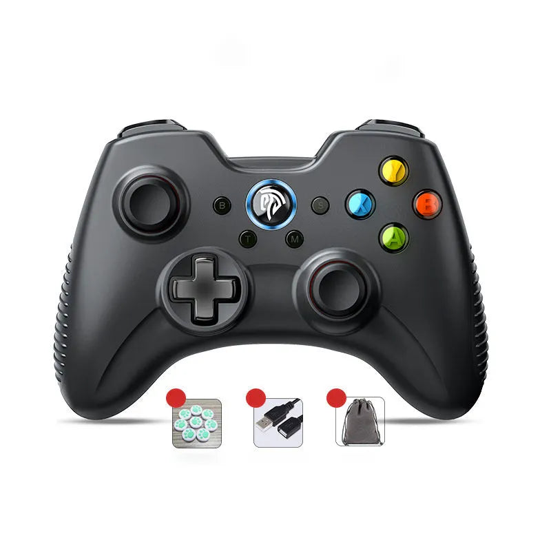 PC wireless game controller in black, green, red, or white with dual mode connectivity and adjustable vibration.