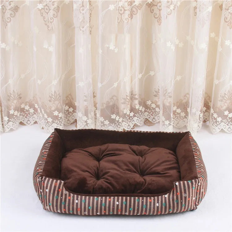 Round cloth pet bed for dogs and cats showing multiple colour pattern options and size range.