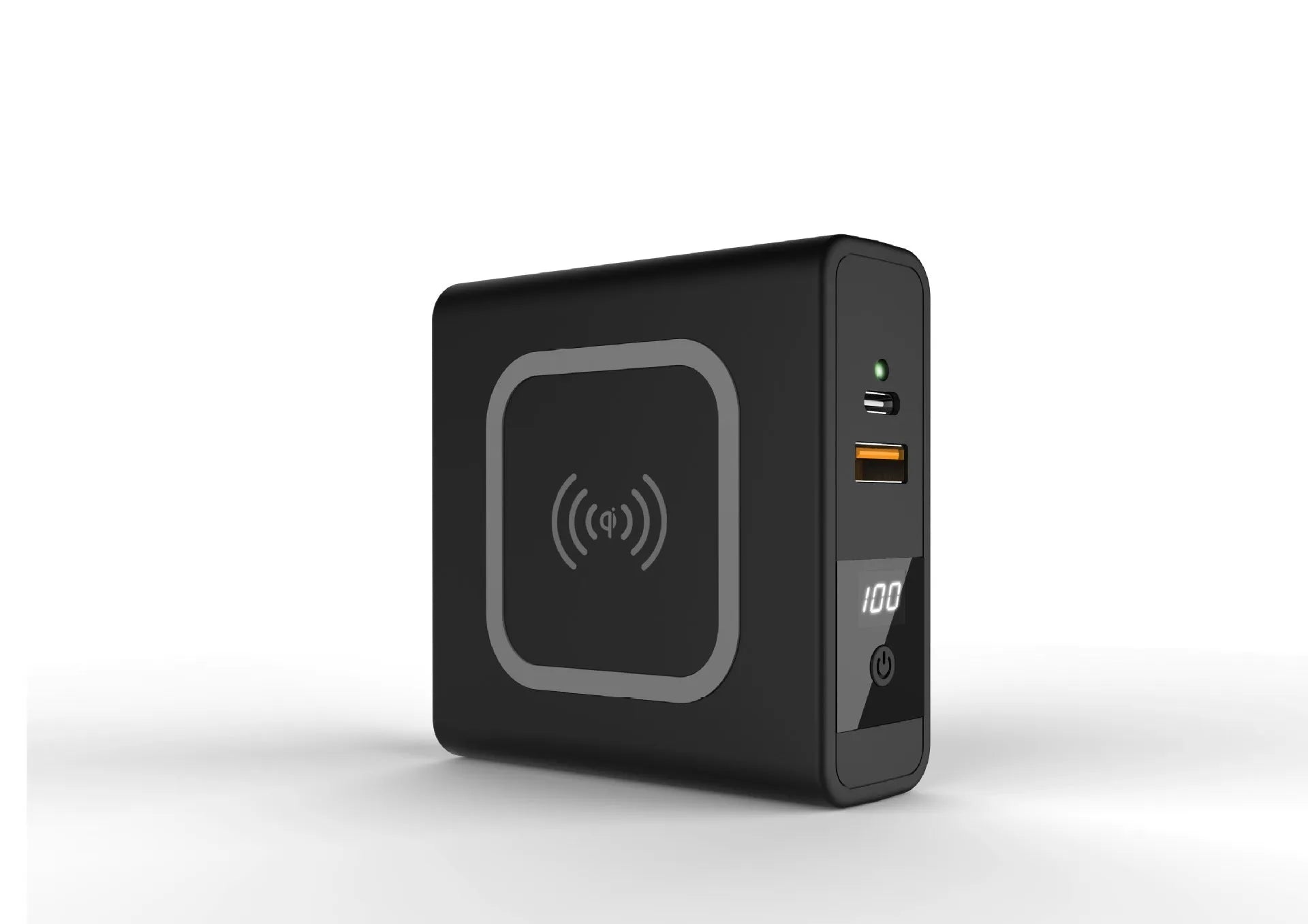 Super QI Power Bank showing fold-out UK, EU, US, and AU plug pins next to a smartphone on its wireless charging surface.