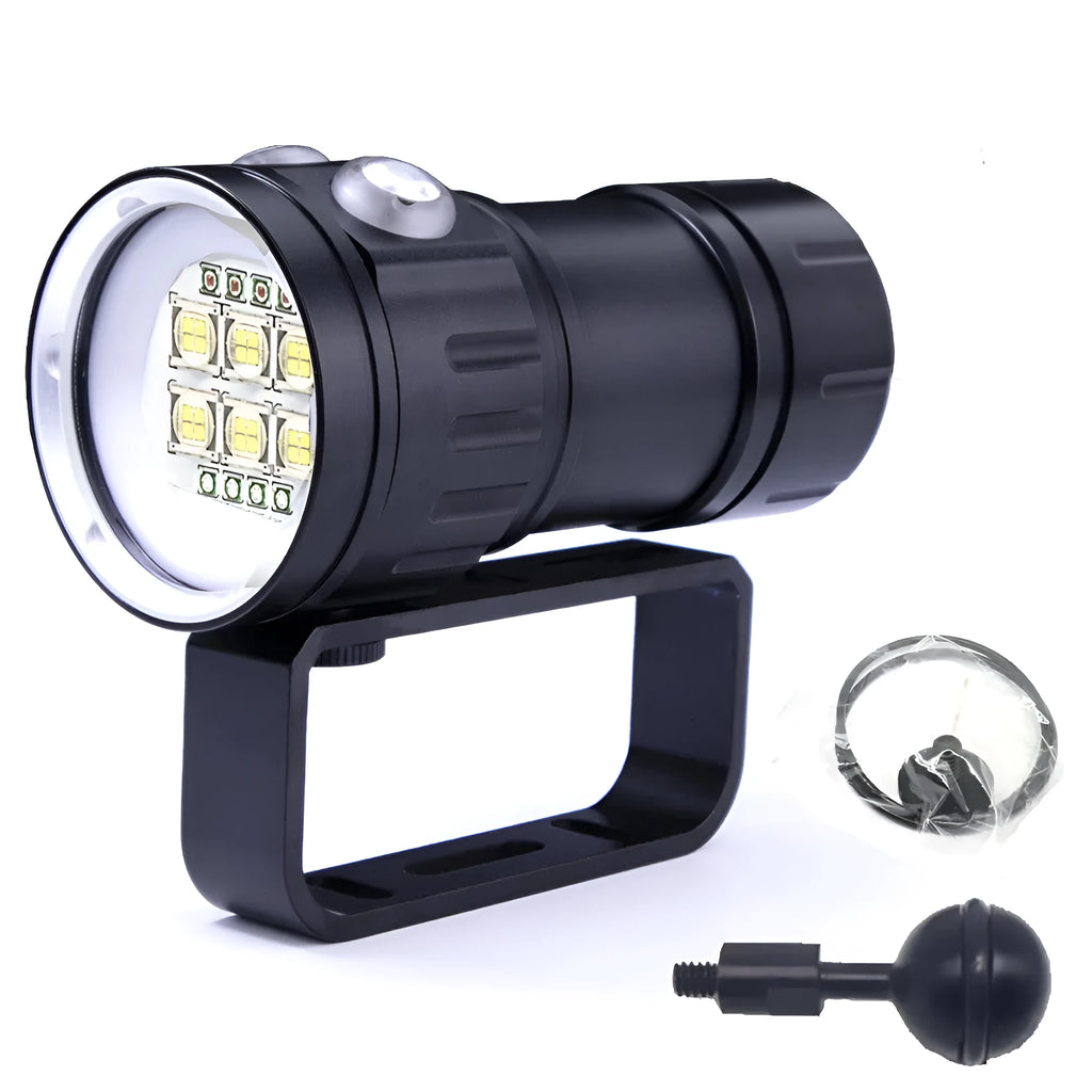 Professional 100W LED diving flashlight with aluminium body, 18650 batteries, handle bracket and ball bracket for underwater photography fill light.