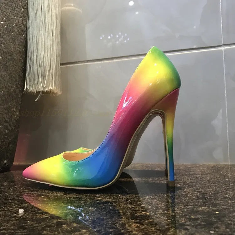 Rainbow patent leather women's stiletto heels with pointed toe and ultra-high thin heel.