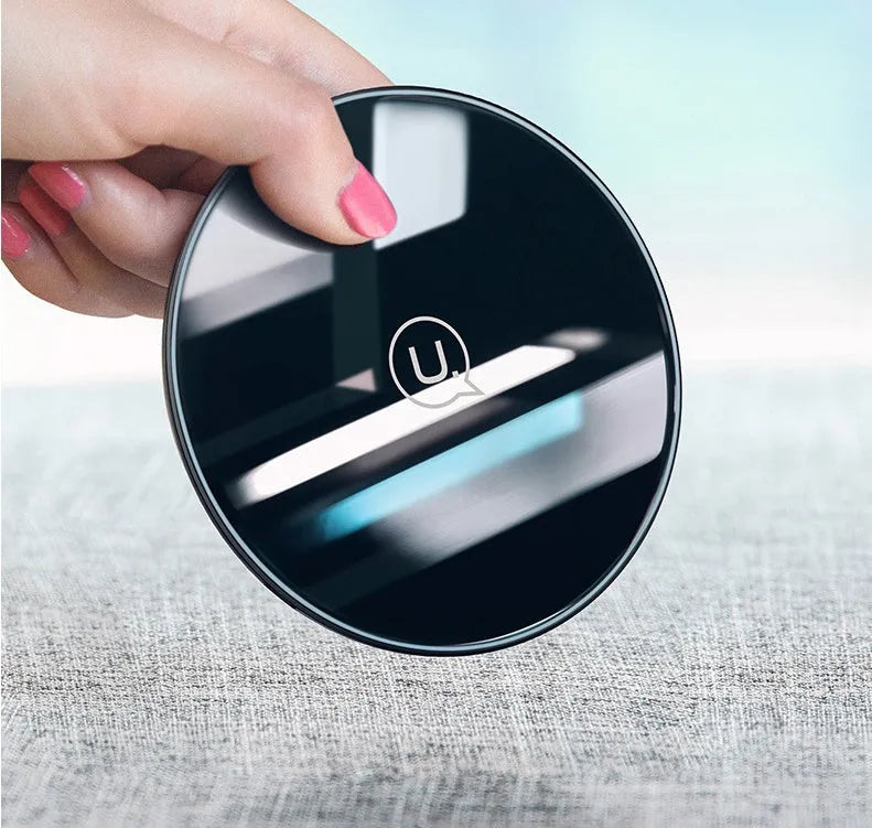 Glass disc wireless charger with LED indicator in black or white colour