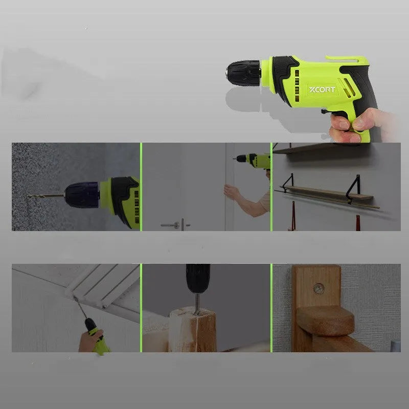 Black pistol-grip electric power drill with a 10mm chuck on a workshop bench.