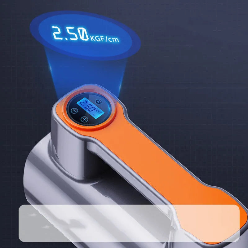 Portable wireless car tyre inflator with digital display showing pressure readings
