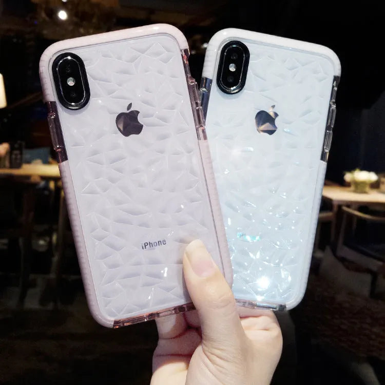 Striped TPU back case for iPhone in pink, white, and black edge colour options.