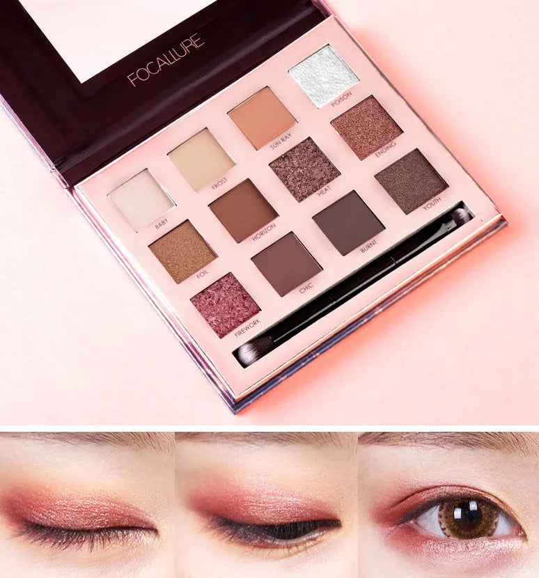 Focallure Shining Eyeshadow 12 Colors Palette with twelve powder eye shadow shades in a compact case