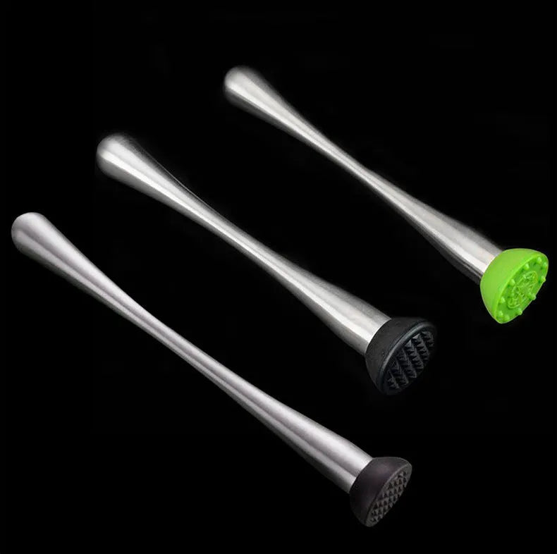 Stainless steel ice crushing hammer with 25cm straight body on a wooden bar surface
