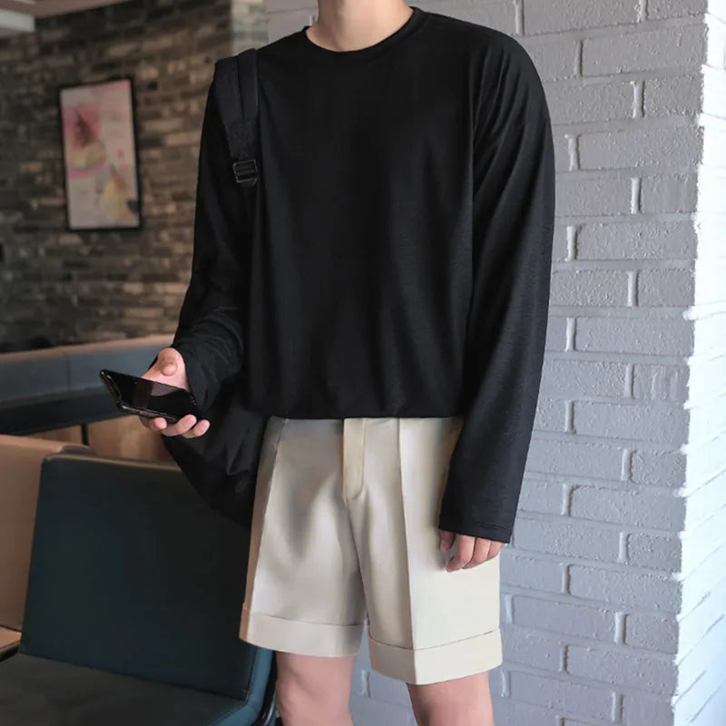 Men's cotton high-waist plain khaki suit trousers on a model, showing a clean smart fit