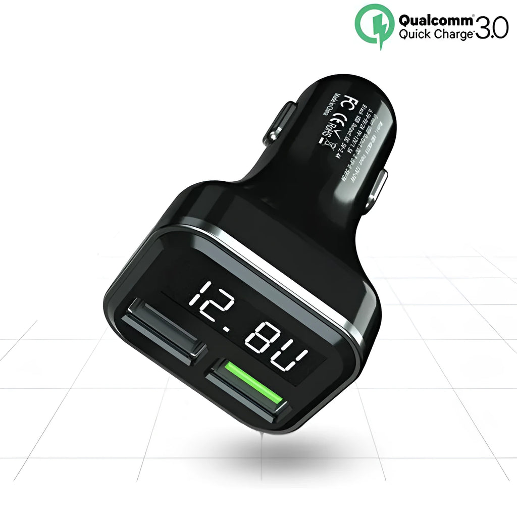 Black dual USB car charger with LCD screen displaying voltage, plugged into a car dashboard socket.