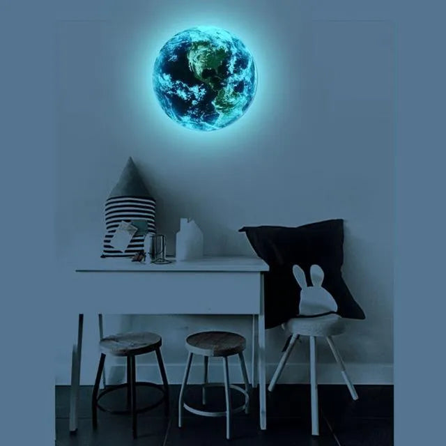 3D Earth wall sticker glowing in dark on bedroom wall, showing luminous planet detail