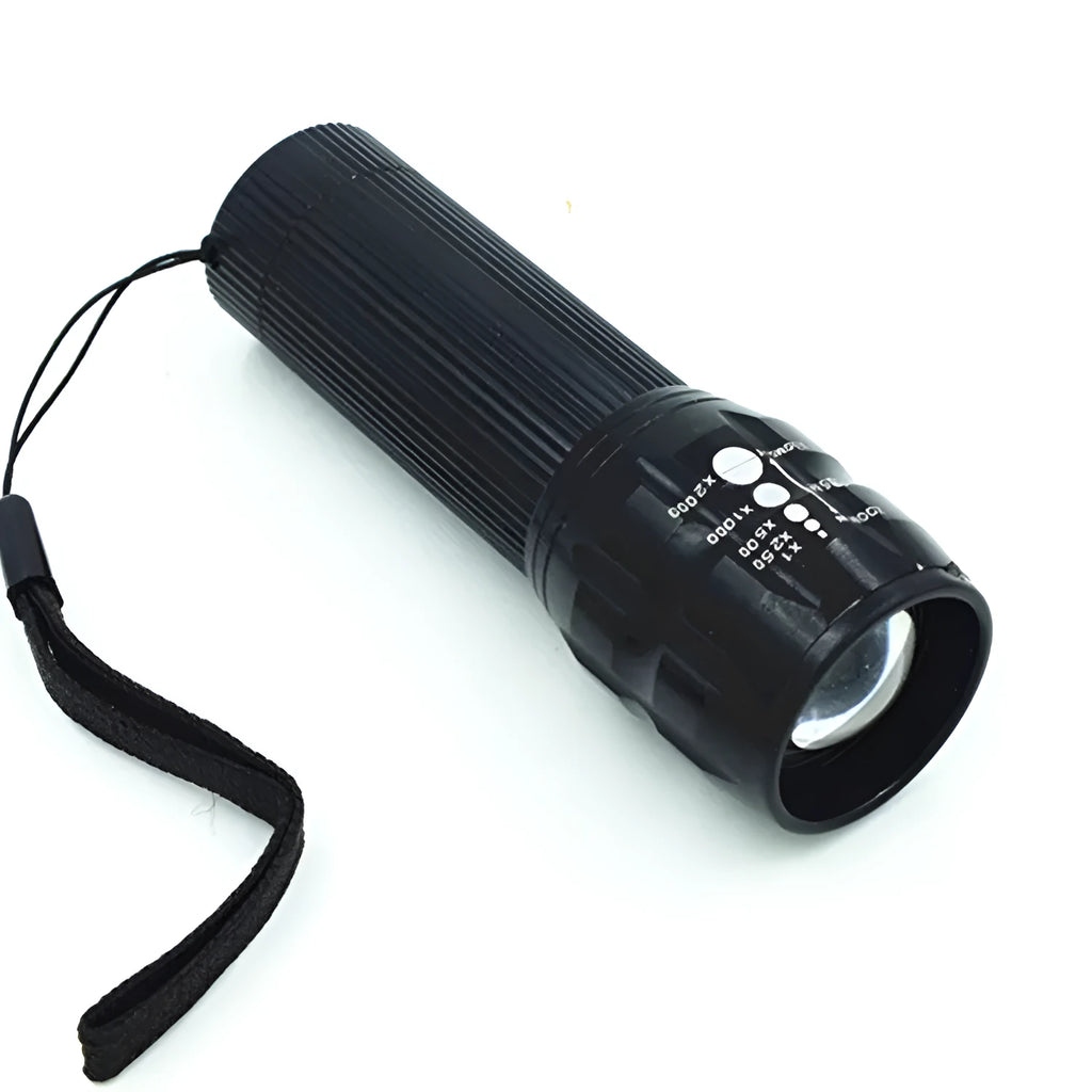 Black mini LED flashlight with telescopic head and tail push button switch, head diameter 3.1 cm