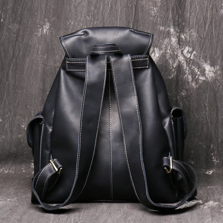 Women crazy horse leather backpack oval shape black brown drawstring buckle flap pockets first layer cowhide