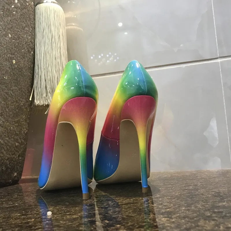 Rainbow patent leather women's stiletto heels with pointed toe and ultra-high thin heel.