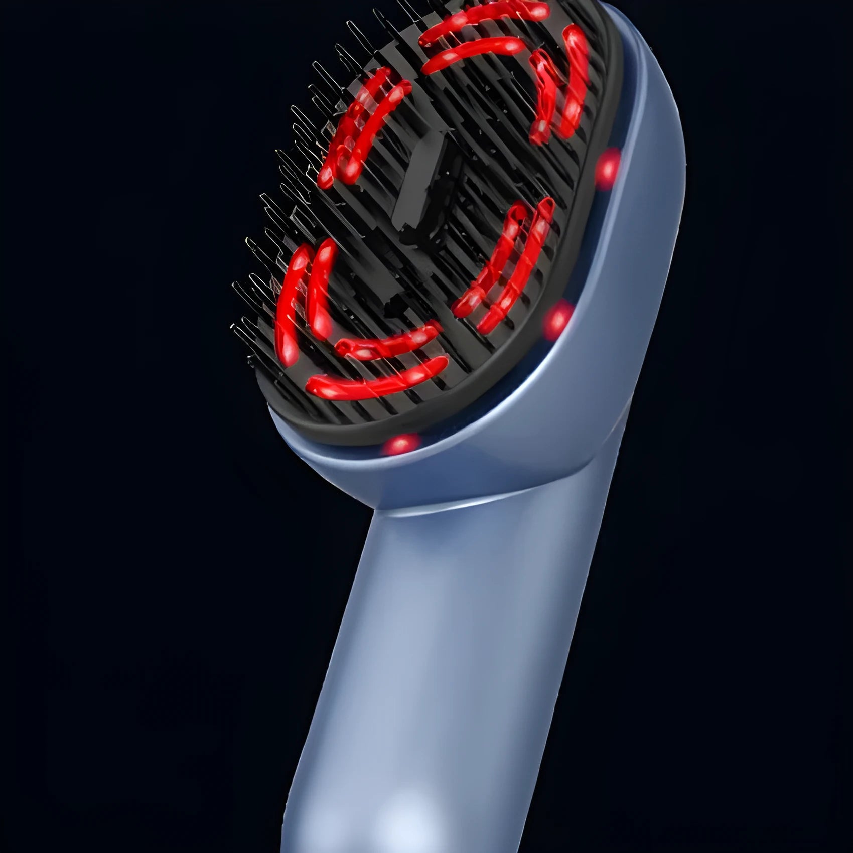 Atomized massage comb for the head with red LED light and USB Type-C charging port.