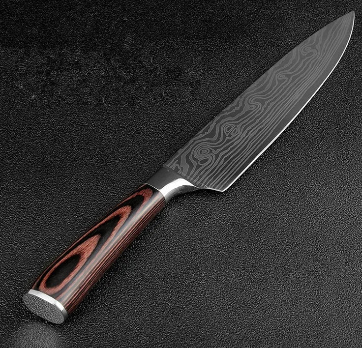 Carpenter's Special kitchen knife with laser Damascus pattern blade and coloured wood handle