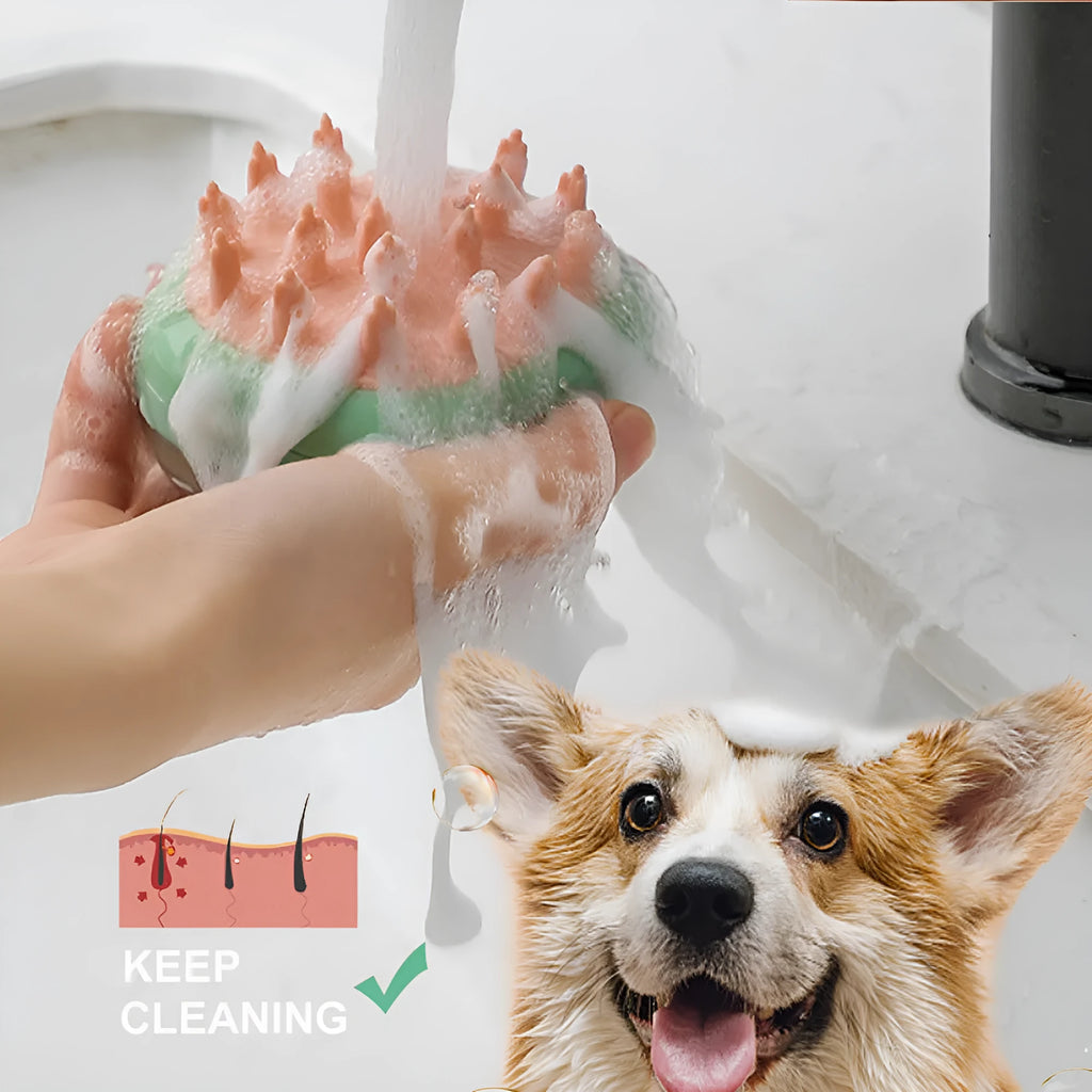 Blue pet bath brush with silicone bristles and shampoo dispenser in handle
