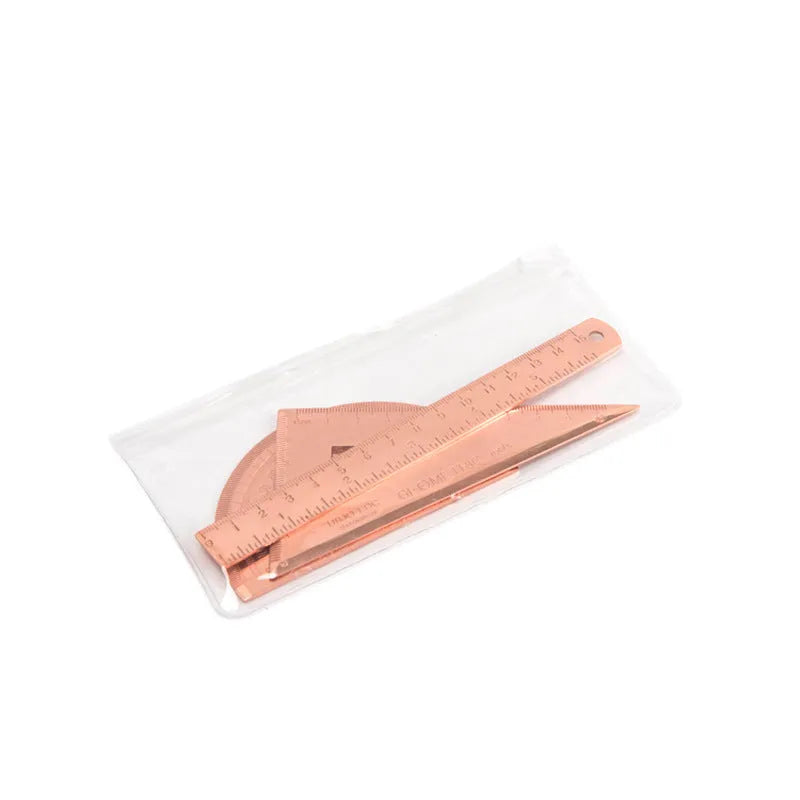 Stainless steel office ruler set with protractor, triangle plate, and 165mm ruler in rose gold finish, transparent sealing pocket