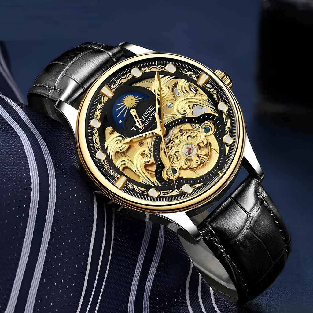 Men's automatic mechanical watch with a leather strap on a wrist, showing a business-style dial.