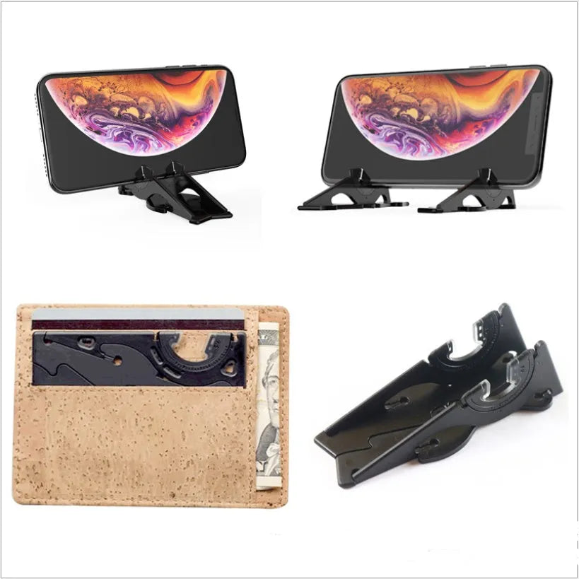 Hard plastic card-type mobile phone holder in six colours: black, green, orange, purple, red, yellow.