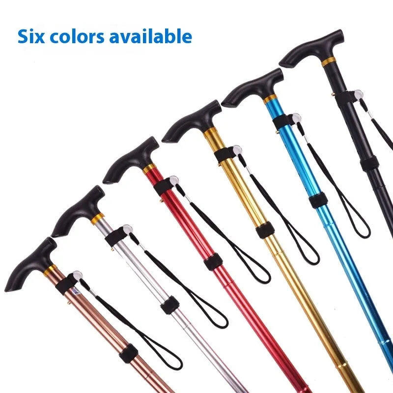Adjustable aluminium folding walking cane with a non-slip rubber tip, shown extended.