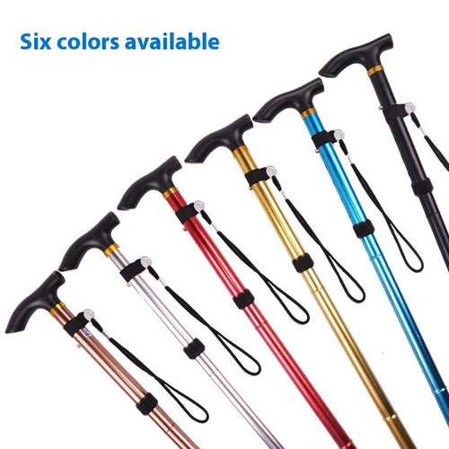 Aluminium alloy folding walking cane with adjustable telescopic shaft and ergonomic handle.