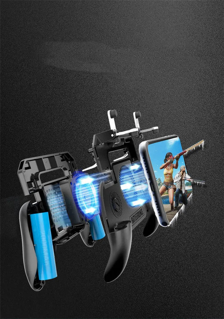 Black mobile game controller with USB cable for smartphones on a grey background.